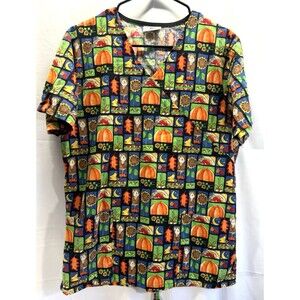 Vlife Scrub Top Scarecrow/Pumpkins Tie Back Sz L